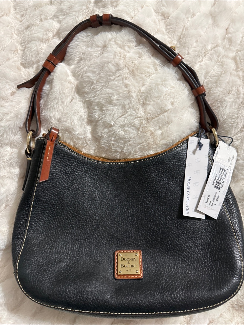 Dooney & Bourke Black Pebbled Leather Shoulder Bag with Brown Trim - Picture 1 of 8